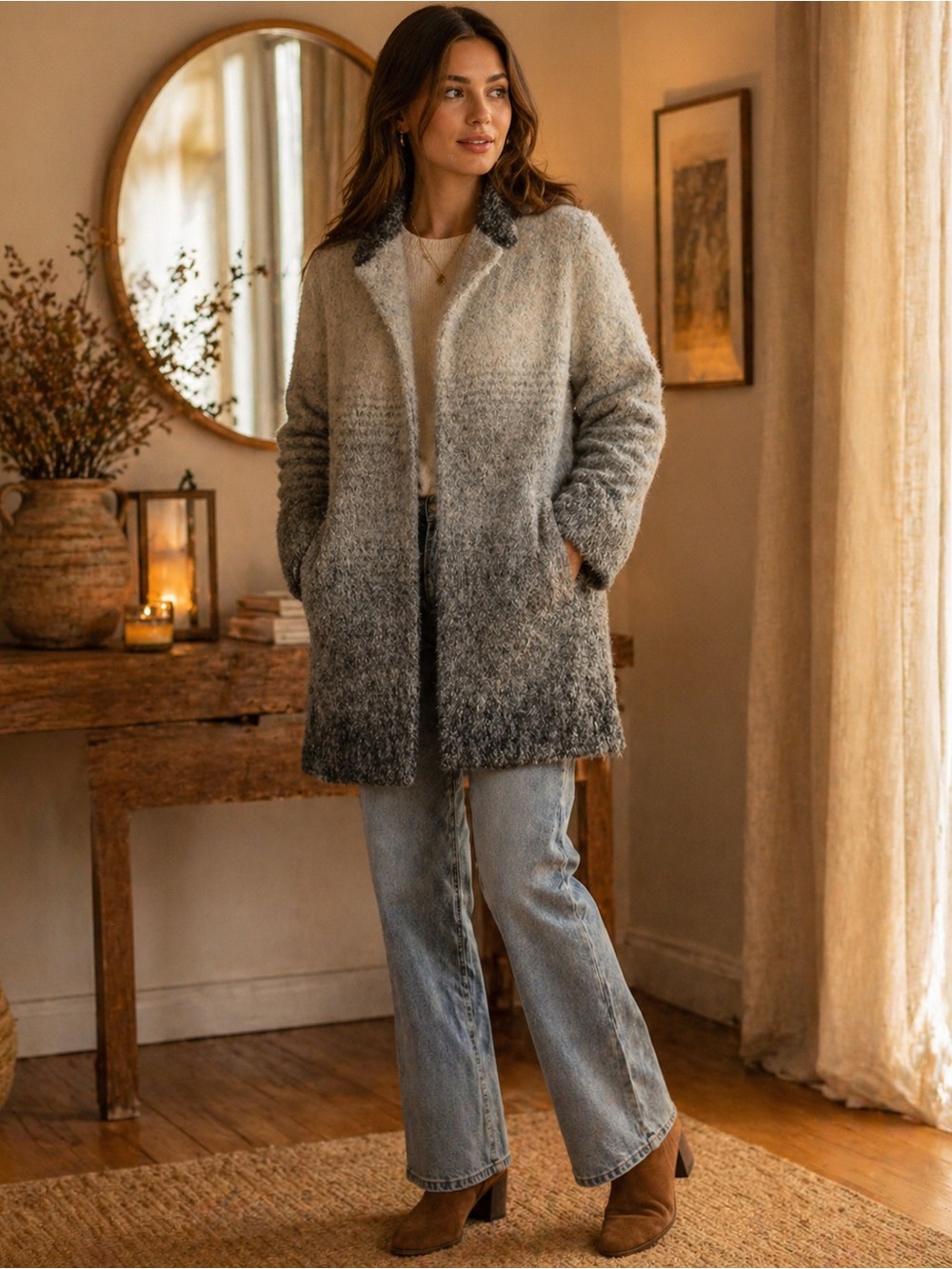 Mallia Alpaca & Wool Blend Mid-length Coat  Jacket – Ombre Grey